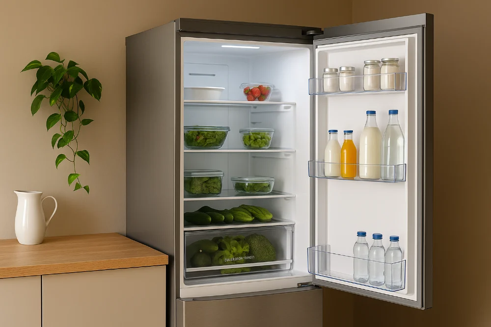 Фотореалістичне зображення відкритого холодильника No Frost у світлій сучасній кухні з продуктами всередині