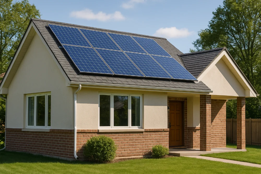 Приватний будинок із встановленими сонячними панелями на даху в сонячний день