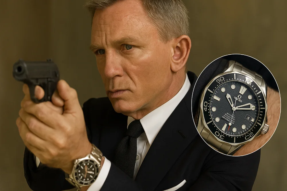 Агент у костюмі з пістолетом, фокус на зап’ясті з годинником Omega Seamaster у теплих тонах