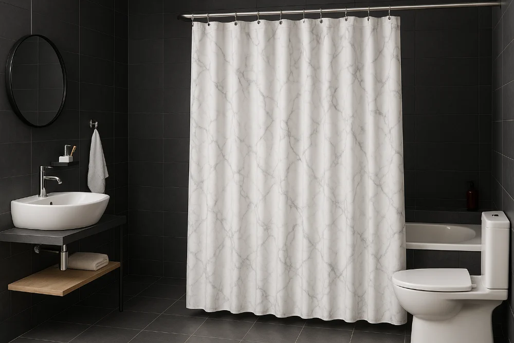 Інтер’єр ванної у графітових тонах із білою сантехнікою та мармуровою шторкою