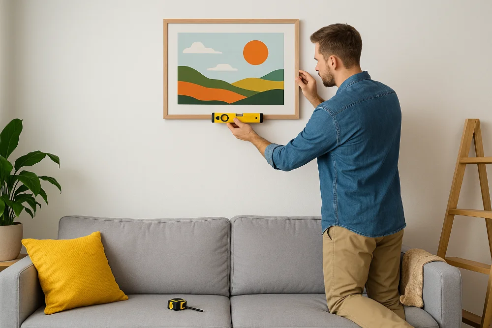 Чоловік вирівнює картину на стіні у сучасній вітальні, використовуючи рівень