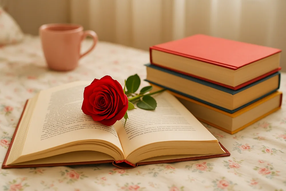 Відкрита книга з червоною трояндою, поруч кольорові томи й чашка кави на світлому фоні