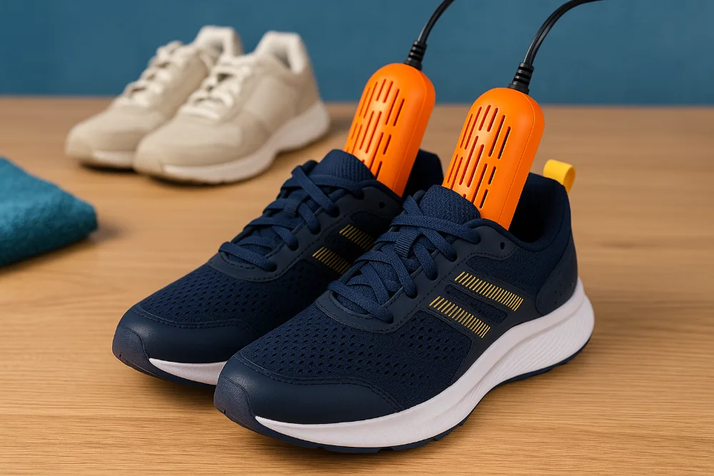 Електрична сушарка для взуття вставлена у спортивні кросівки на дерев’яній підлозі