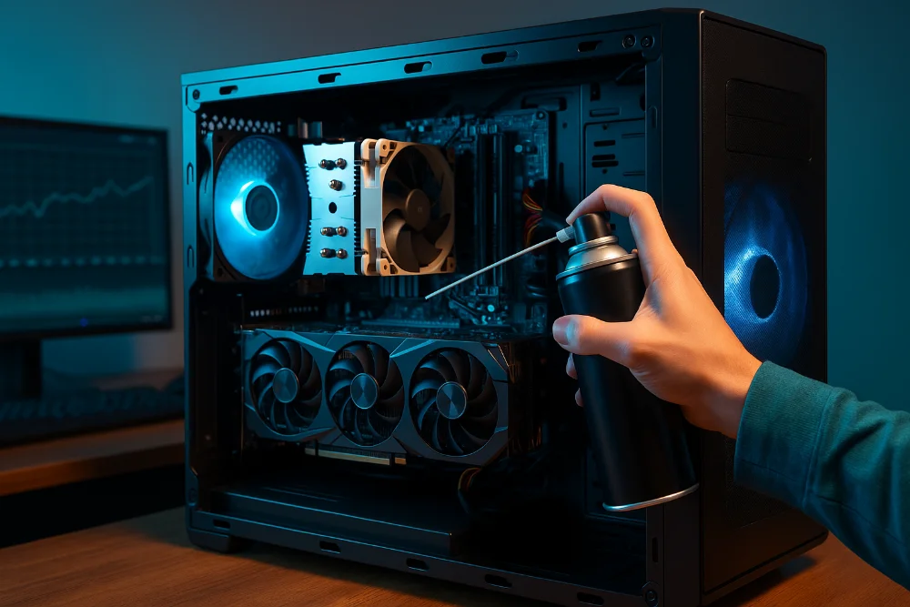 Системний блок із підсвічуванням, процесорним кулером і відеокартою під час очищення від пилу