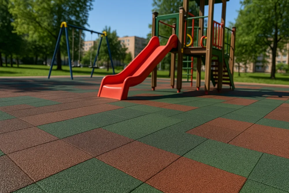 Реалістичне фото дитячого майданчика з кольоровим гумовим покриттям і гойдалками