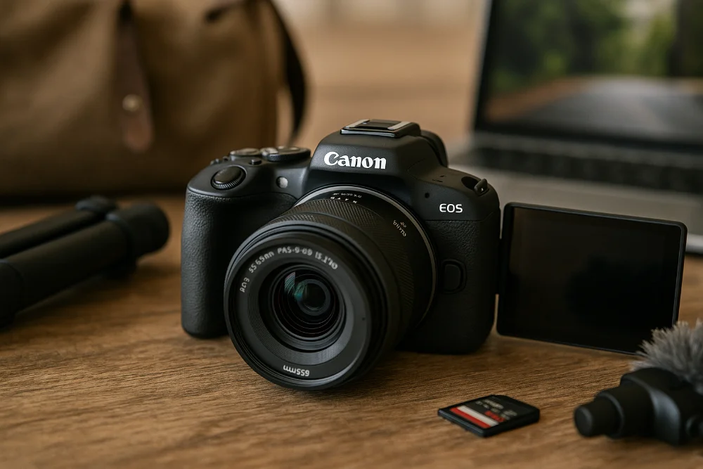 Canon EOS R50 бездзеркальна камера на дерев’яному столі поруч із аксесуарами для зйомки