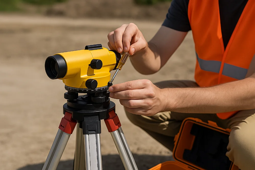 Геодезист перевіряє точність оптичного нівеліра під час калібрування на об’єкті