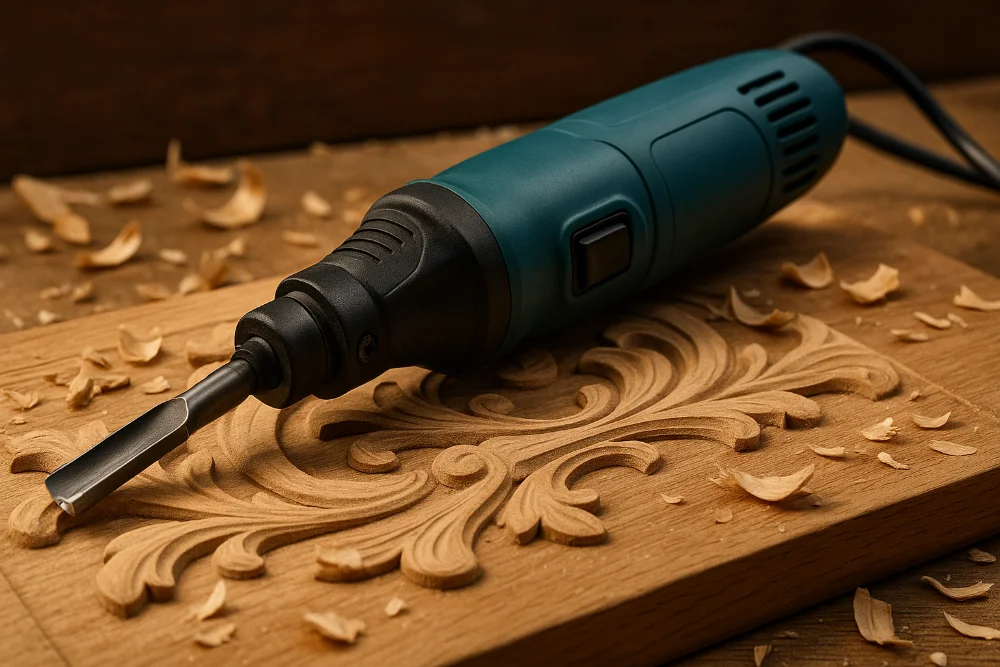 Електростамеска на дерев’яному столі під час різьблення декоративного візерунка