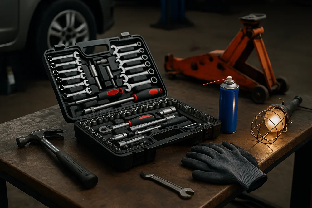 Набір ключів, тріскачка, домкрат і рукавички на столі в автосервісі