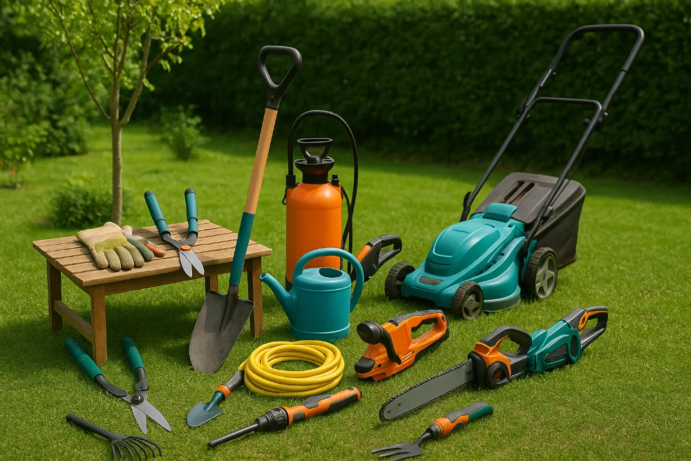 Набір садових інструментів із лопатою, секатором, шлангом, лійкою та газонокосаркою на тлі зеленого саду