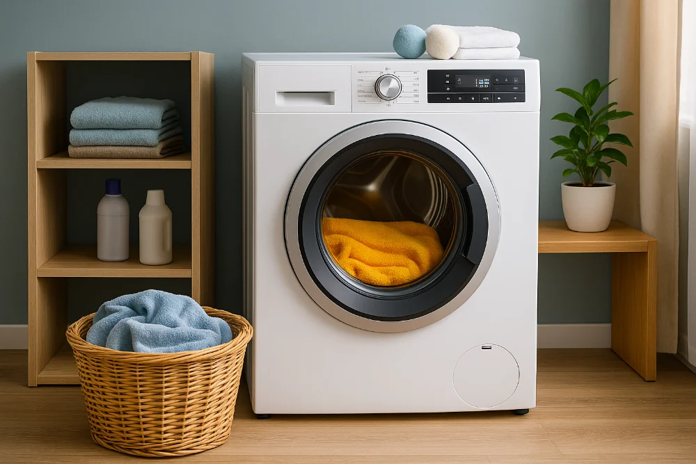 Сучасна сушильна машина у просторій пральні з кошиком для білизни та рослиною