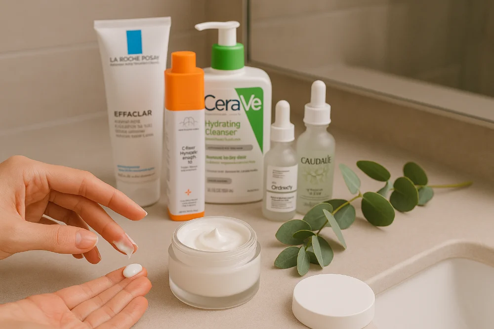 Фото кремів, сироваток і очищувальних засобів провідних брендів доглядової косметики 2025 року на світлому столі