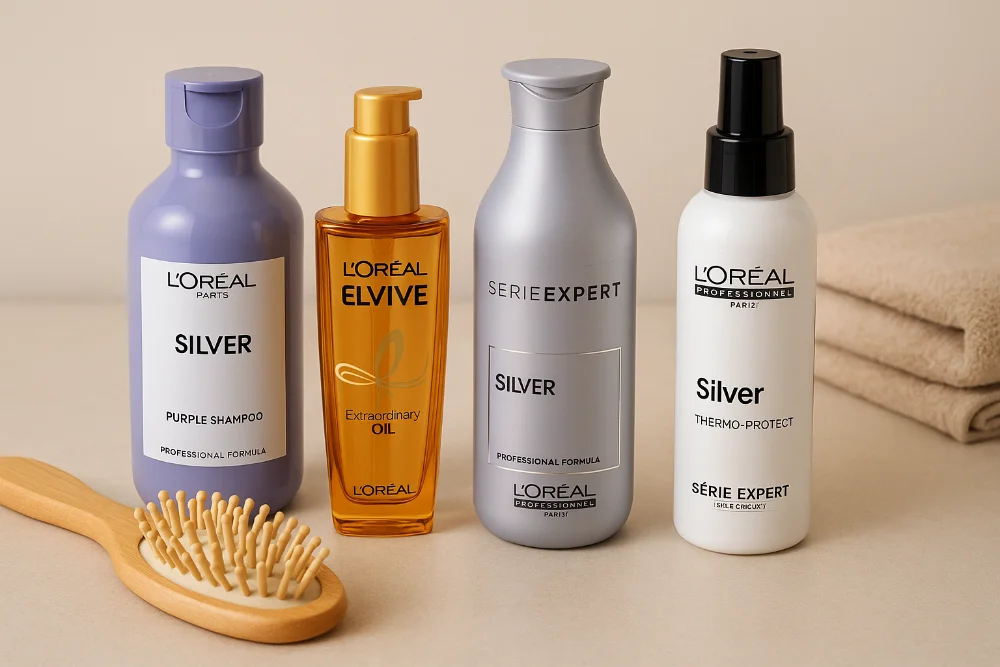 Професійні засоби L’Oréal для догляду за сивим волоссям на столі з гребінцем
