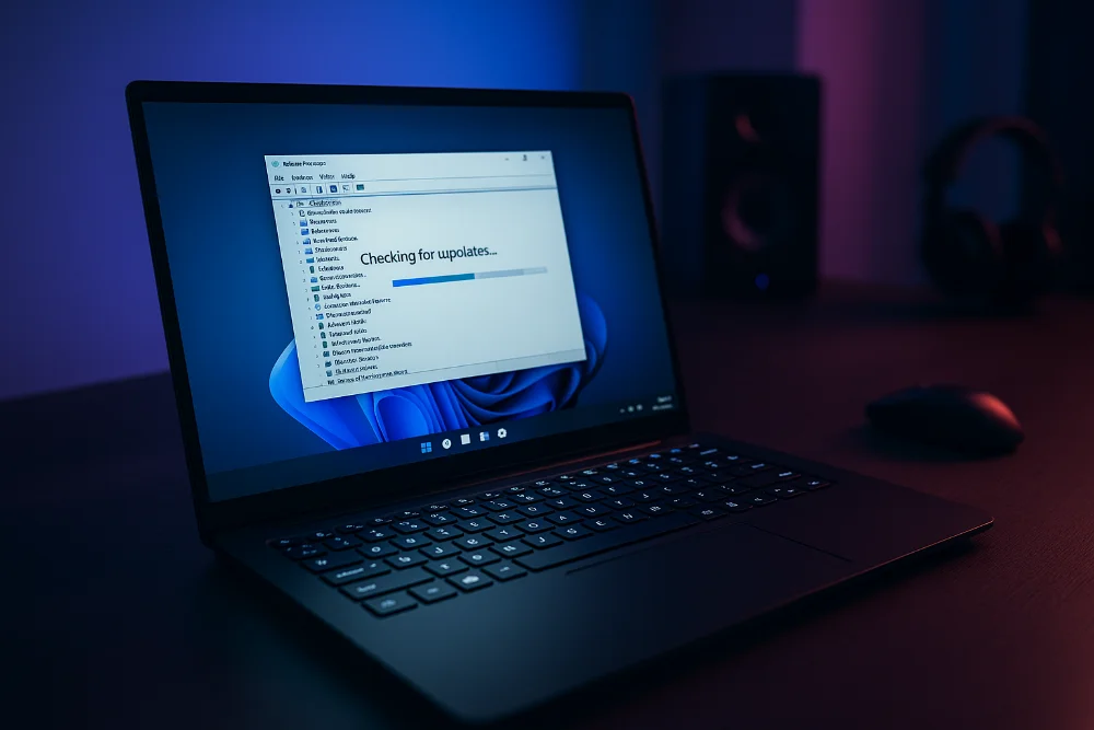 Сучасний ноутбук на столі під час перевірки оновлень драйверів Windows без руки