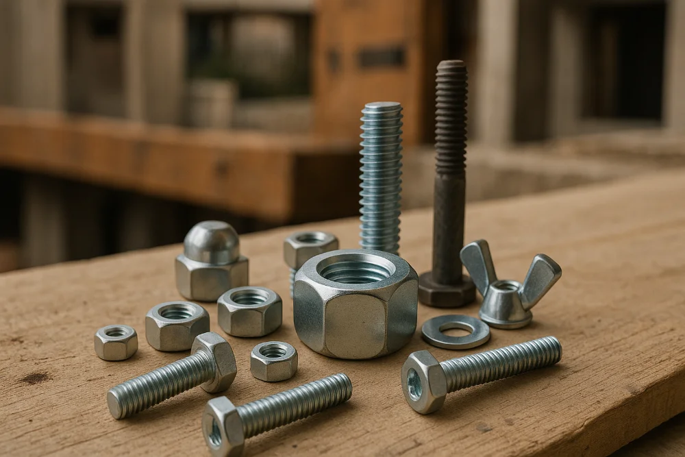 Металеві гайки, болти й шайби крупним планом на дерев’яному столі на будівельному майданчику