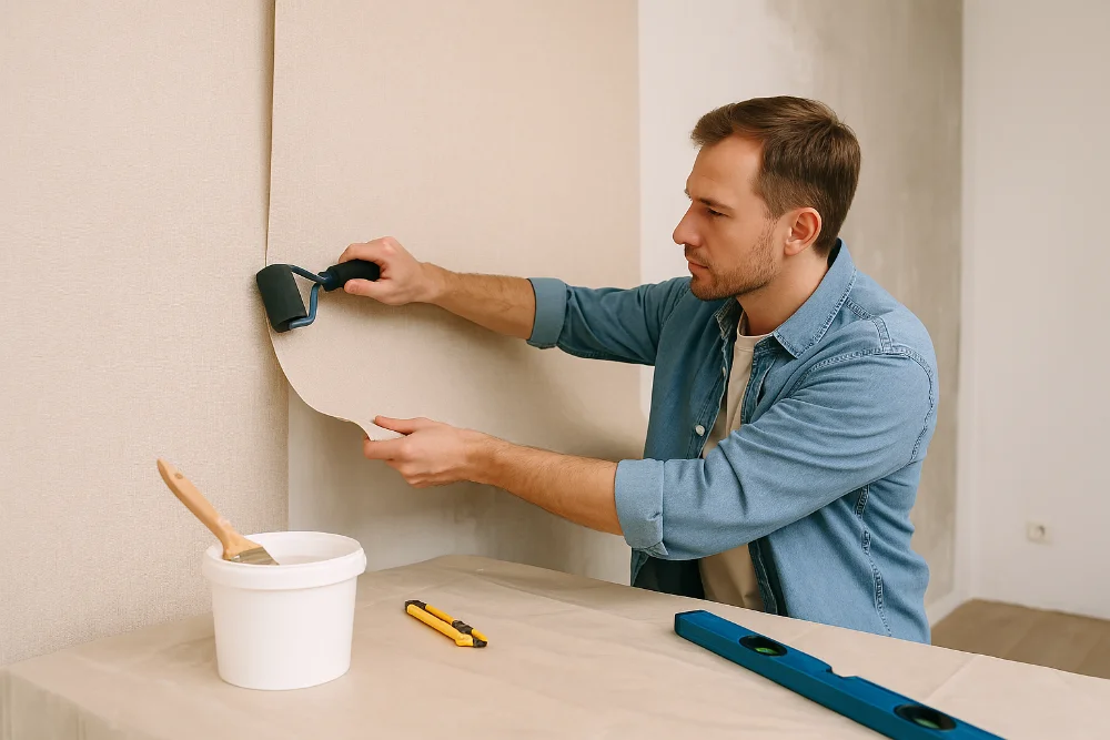 Чоловік клеїть шпалери на стіну, використовуючи валик і шпатель, поруч клей та інструменти