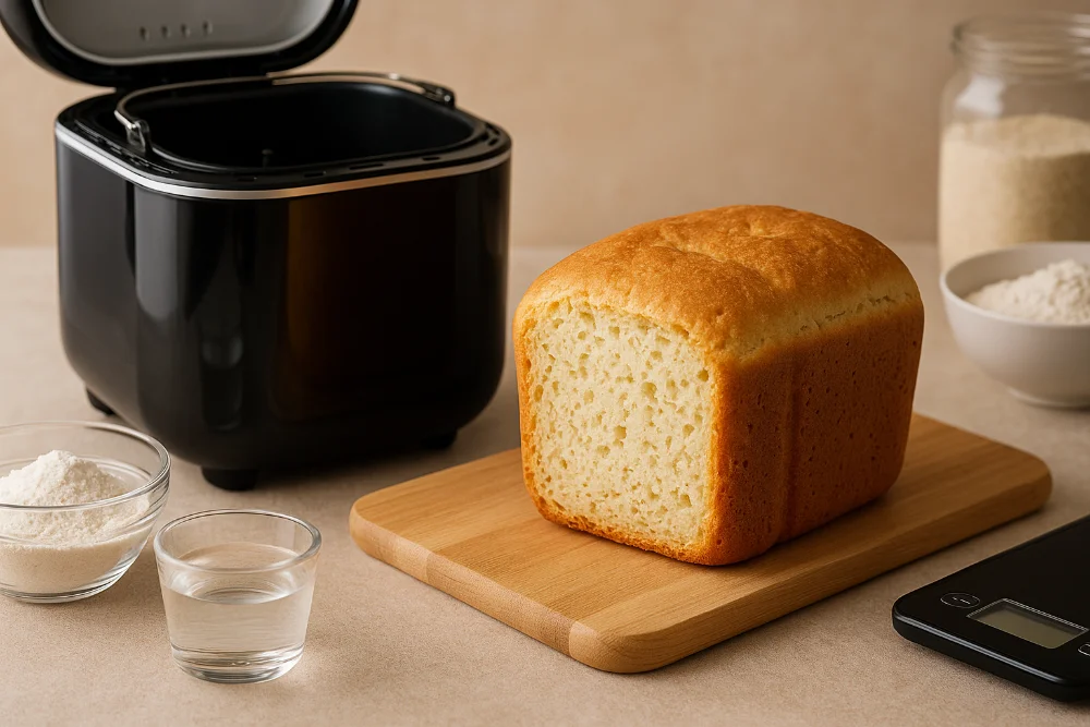 Свіжоспечений безглютеновий хліб у хлібопічці з інгредієнтами на столі