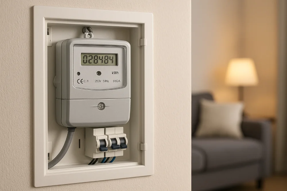 Електронний лічильник електроенергії, встановлений у квартирному щитку поруч з автоматами й вимикачами