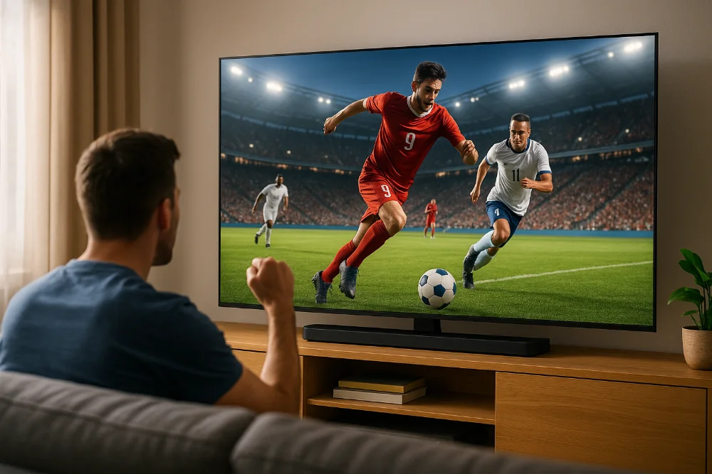 Чоловік дивиться футбольний матч на великому телевізорі у вітальні з яскравим і реалістичним зображенням