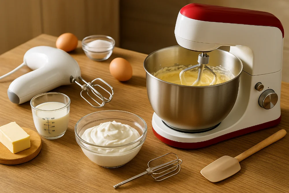 Планетарний та ручний міксери на кухонному столі серед інгредієнтів для випічки