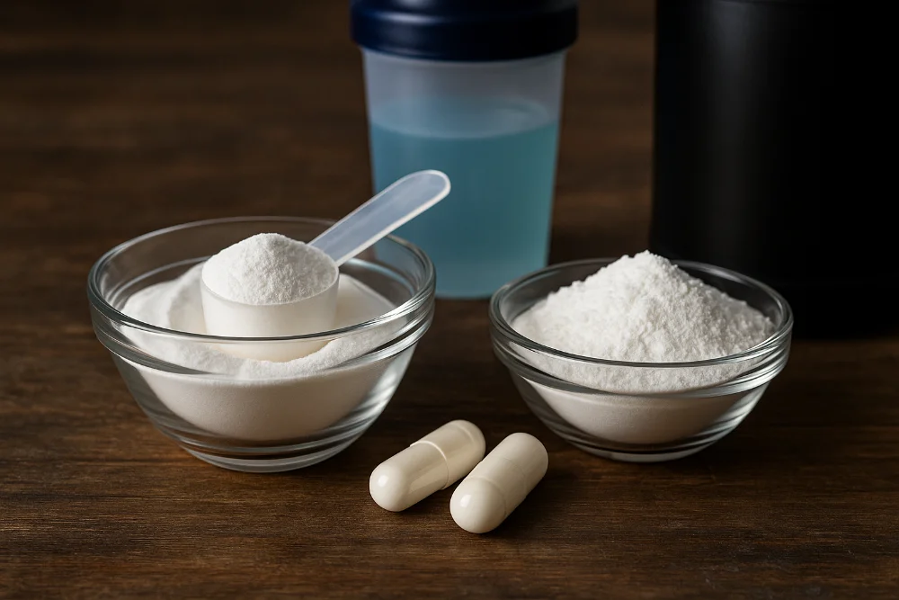 Фотографія креатину у порошку та капсулах поруч із шейкером на дерев’яній поверхні