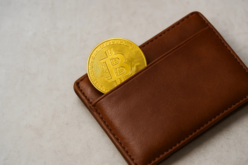 Коричневий шкіряний гаманець з монетою біткойна, що частково виглядає зі слотів
