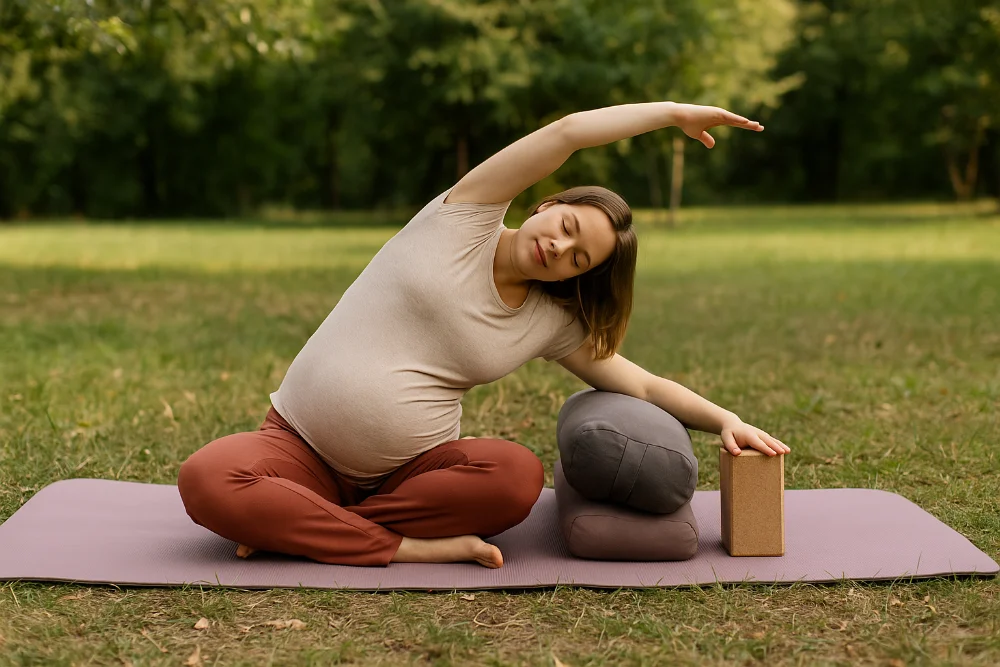 Вагітна жінка практикує м’яку йогу на килимку з опорами у природному освітленні