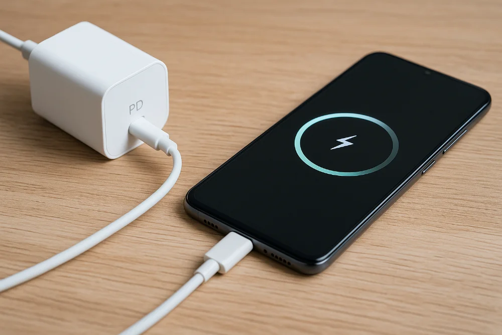Смартфон на USB-C зарядці Power Delivery, під’єднаний до білого зарядного блока