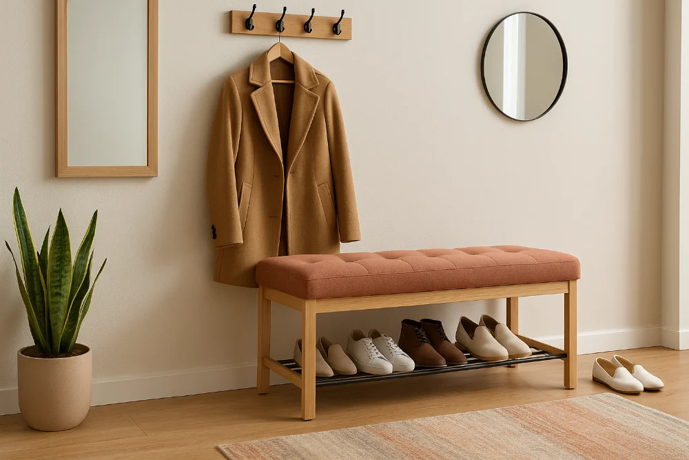 Широка сучасна банкетка для передпокою з полицею для взуття в трендових кольорах