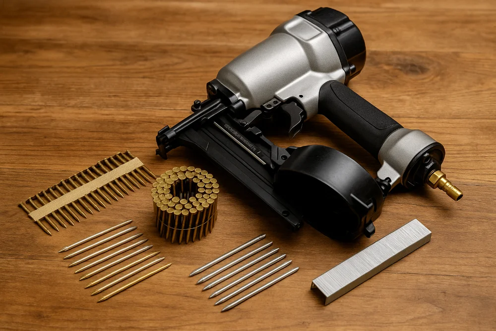 Пневматичний нейлер на столі поруч із барабанними, прямими та brad цвяхами