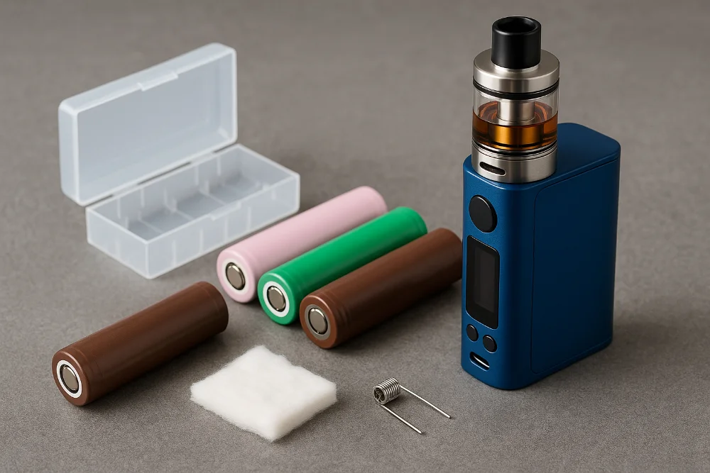 Електронна сигарета, літій-іонні акумулятори, кейс і койли, розміщені на сірій поверхні