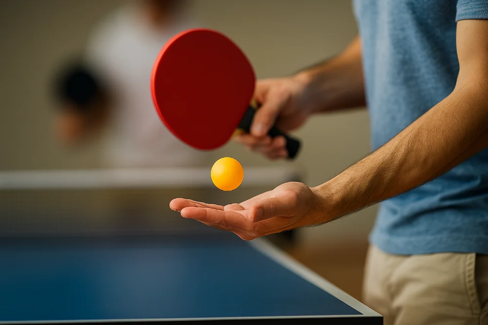 Гравець виконує подачу в настільному тенісі, м’яч підкинутий над відкритою долонею, ракетка готова до удару