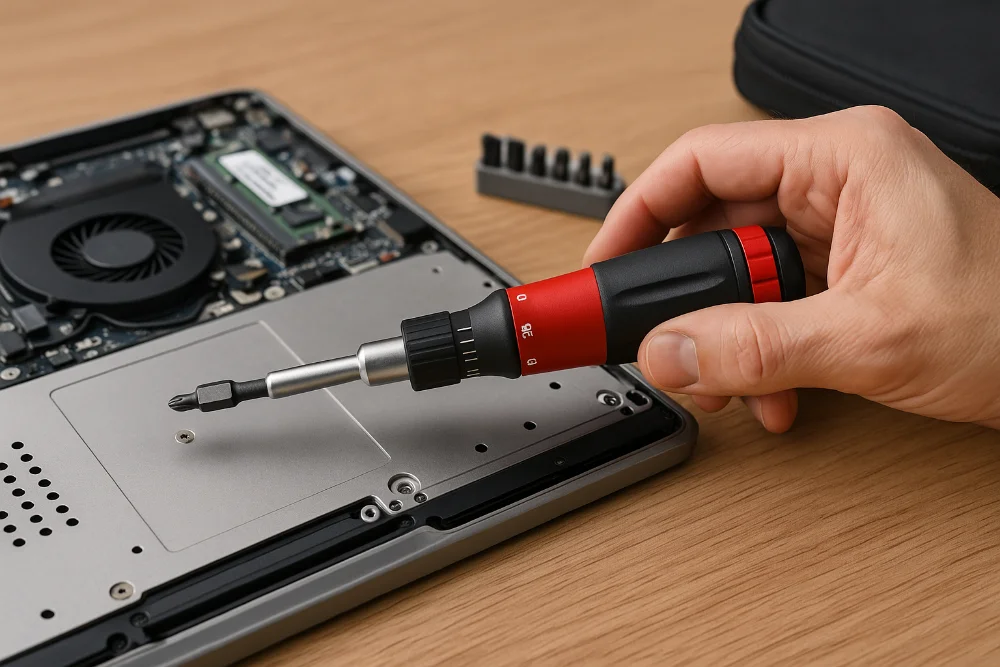 Рука майстра використовує динамометричну викрутку для затягування гвинта в ноутбуці