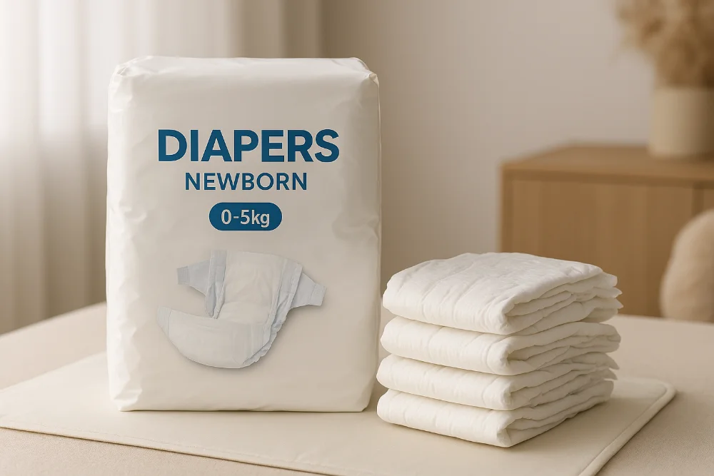 Пачка підгузків для новонароджених і стопка складених підгузків на пеленальному килимку