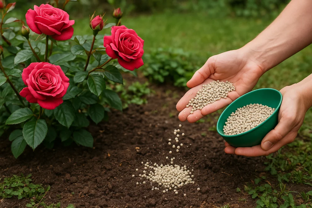 Гранульоване добриво висипають під кущ троянд під час підживлення