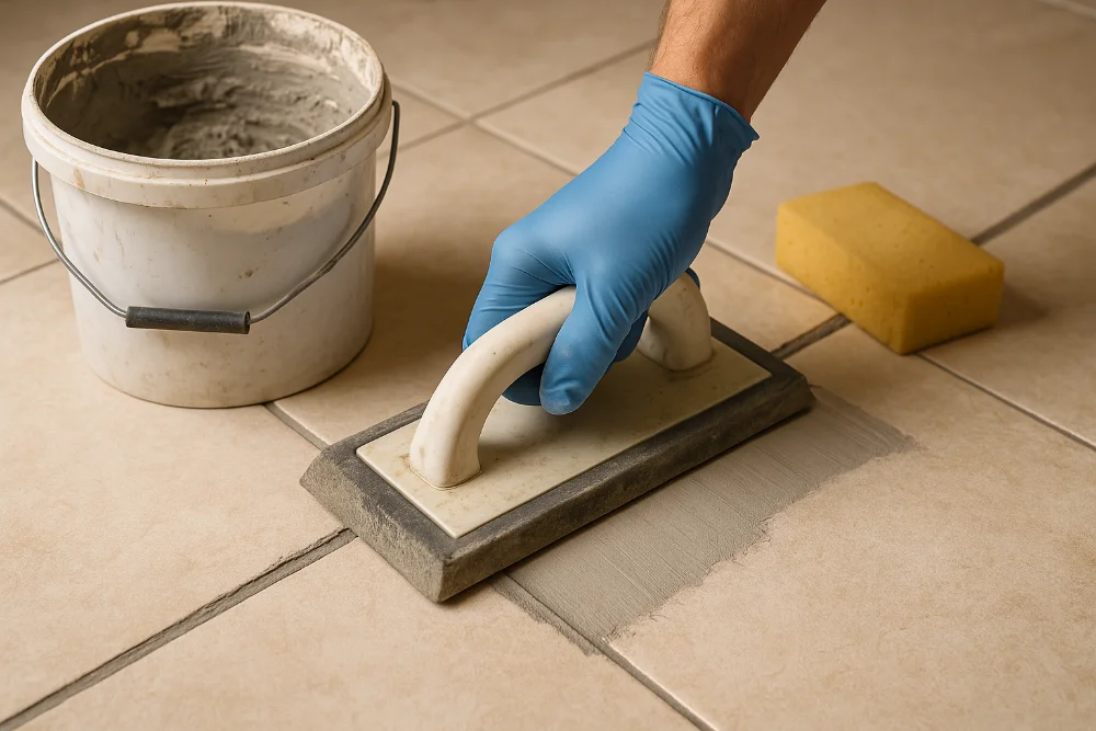 Процес заповнення швів плитки затиркою з використанням гумового шпателя