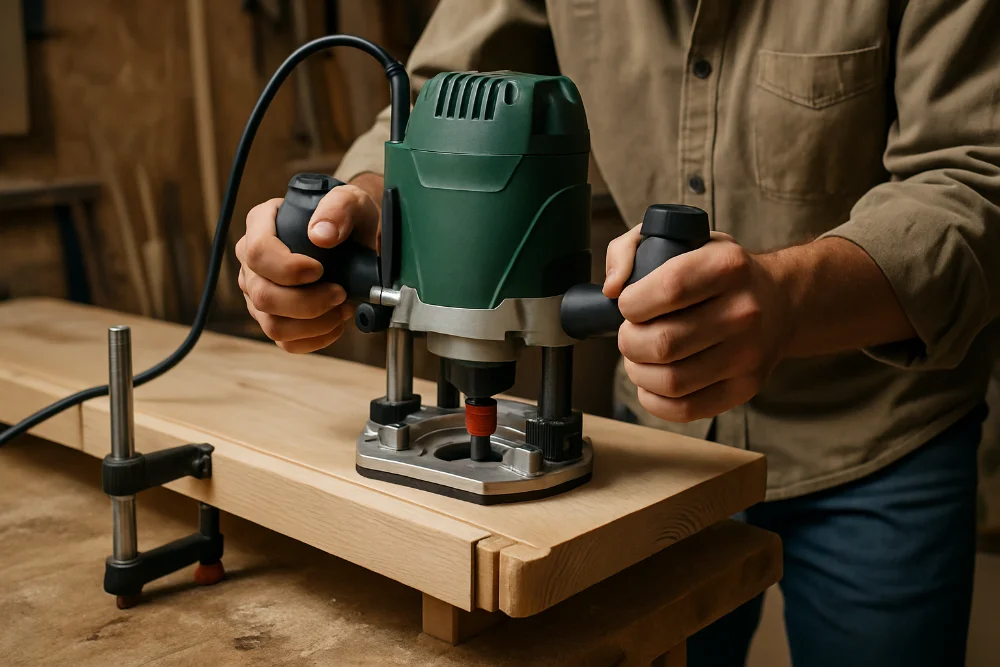 Деревообробник фрезерує край дошки ручним фрезером, заготовка зафіксована струбцинами