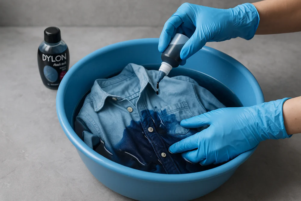 Руки в рукавичках фарбують блакитну сорочку у мисці з синім барвником