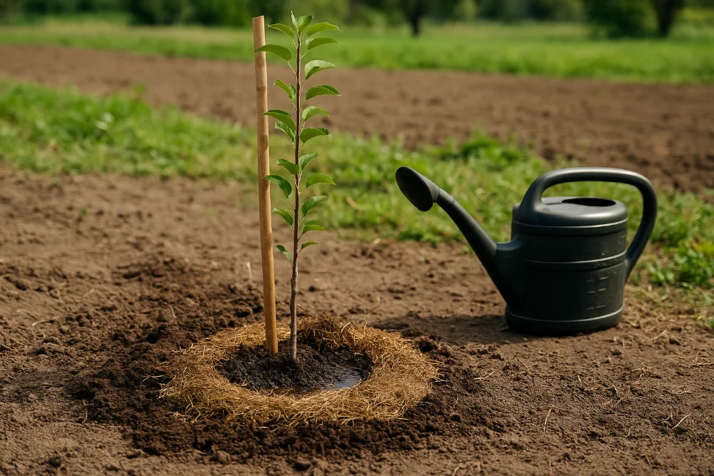 Молода яблуня, висаджена в ґрунт із мульчею та поливом, поруч садова лійка