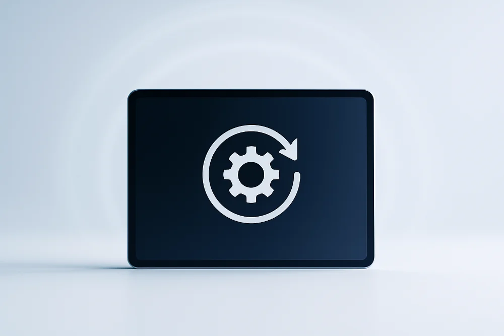 Мінімалістичне фото планшета з іконкою заводського скидання на блакитно-білому фоні