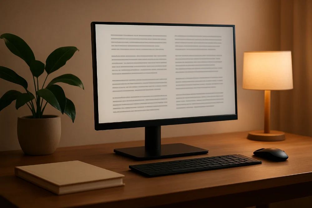 Стильний робочий стіл з монітором, рослиною та лампою у теплому розсіяному світлі