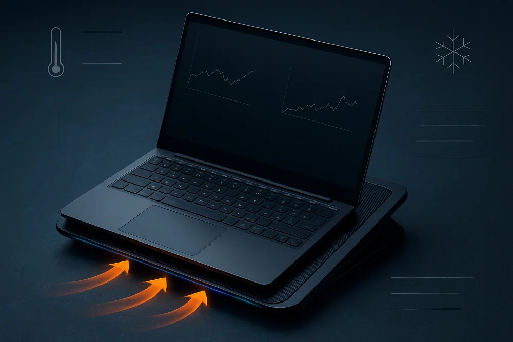 Широкоформатне зображення ноутбука на охолоджувальній підставці з синьо-металевим підсвічуванням та потоками повітря