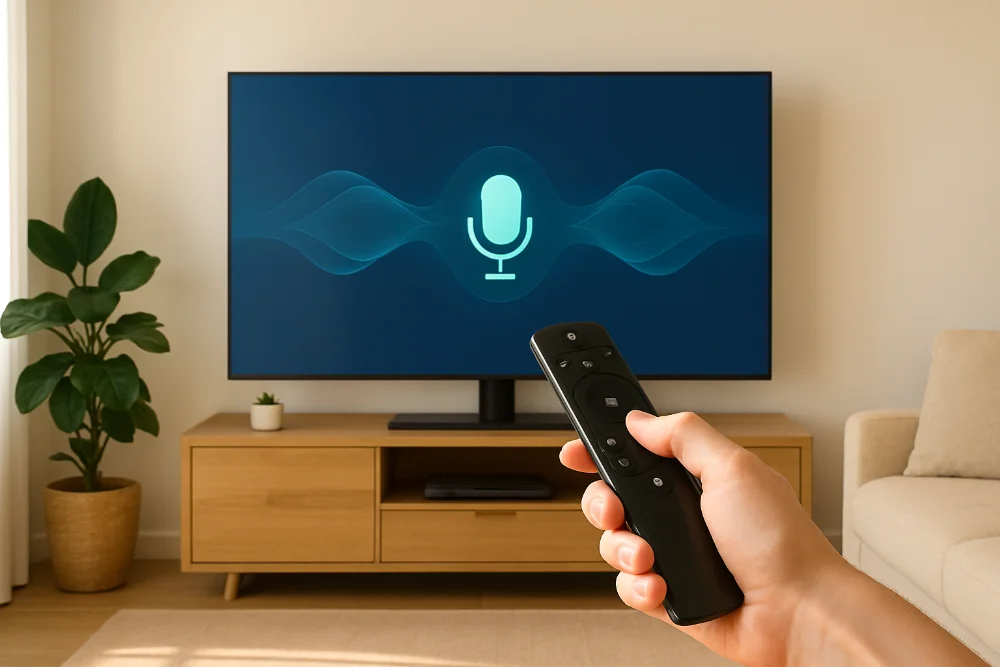 Світла вітальня з Smart TV, рука тримає пульт у голосовому режимі та видимі індиго-бірюзові хвилі між пультом і екраном