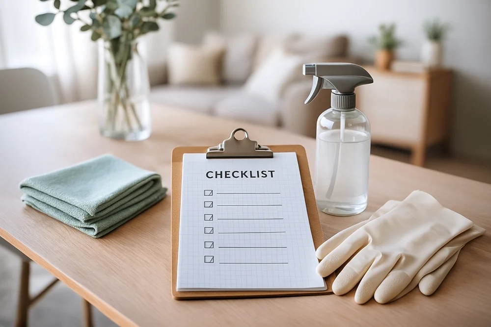 Організована домашня сцена з чеклістом, мікрофіброю, рукавичками та спреєм на столі у світлому мінімалістичному інтер’єрі