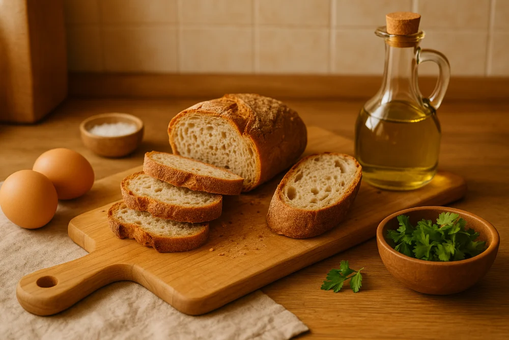 Черствий хліб на дерев’яній дошці з яйцями, зеленню та оливковою олією у теплому кухонному освітленні