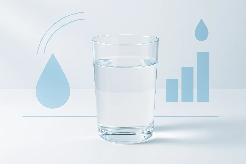 Прозора склянка з водою на білому фоні з мінімалістичною блакитною інфографікою