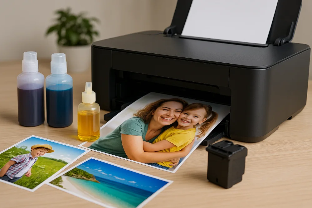 Принтер на столі з флаконами кольорового чорнила та надрукованими фотографіями