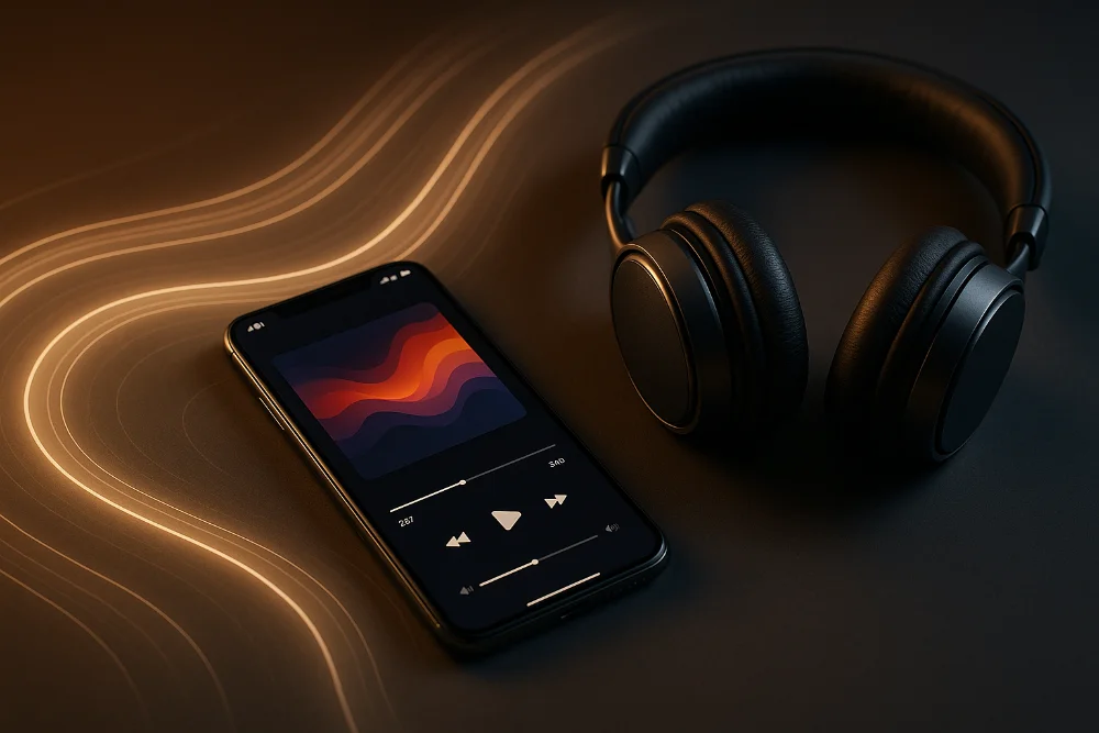 Смартфон із музичним плеєром і стильні навушники на столі з хвильовими світловими лініями