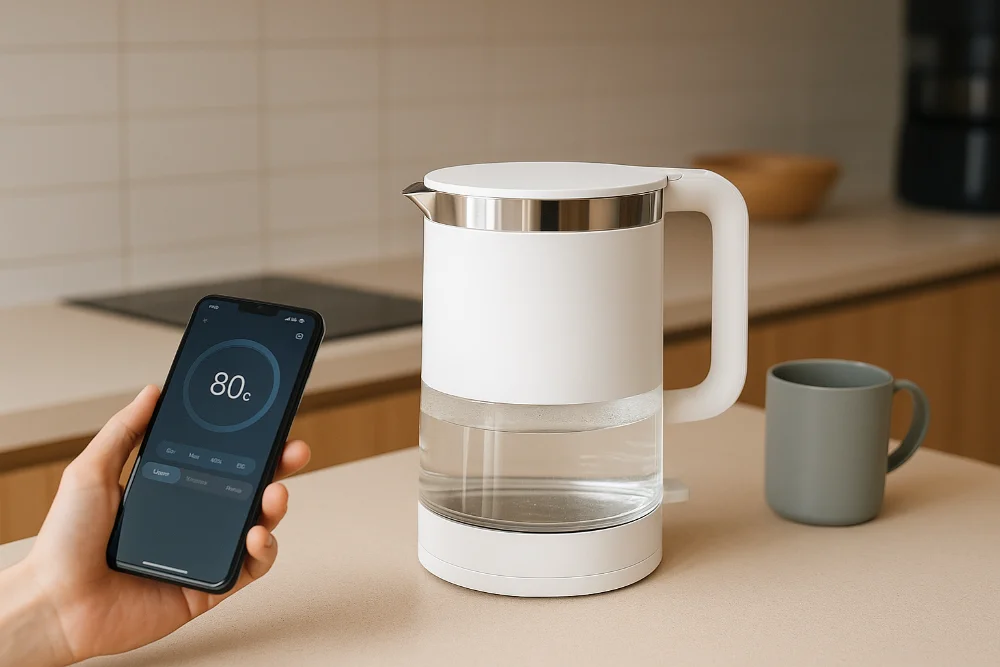 Розумний електрочайник на кухонній стільниці та смартфон із керуванням температурою