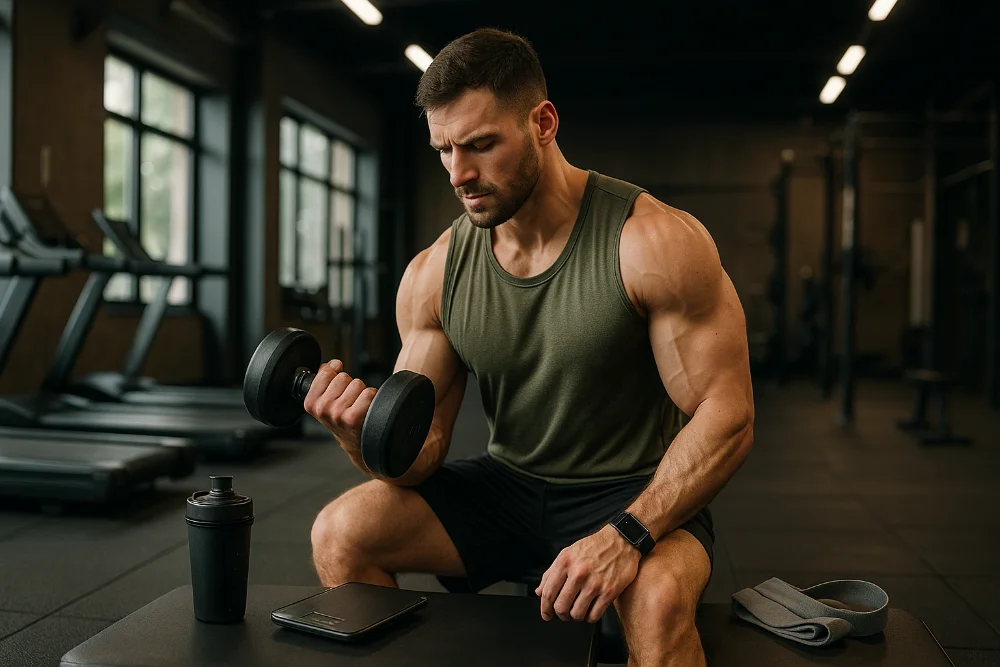 Чоловік виконує вправу з гантелею у залі, поруч шейкер і фітнес-аксесуари